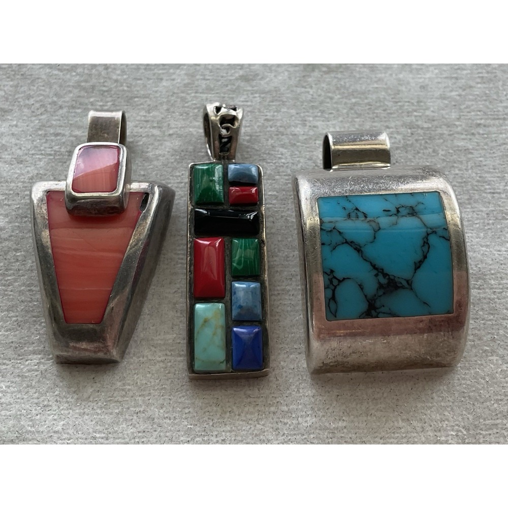 Lot Of 3 925 Sterling Silver Gemstone Pendant Turquoise Coral Lapis Ect Vintage